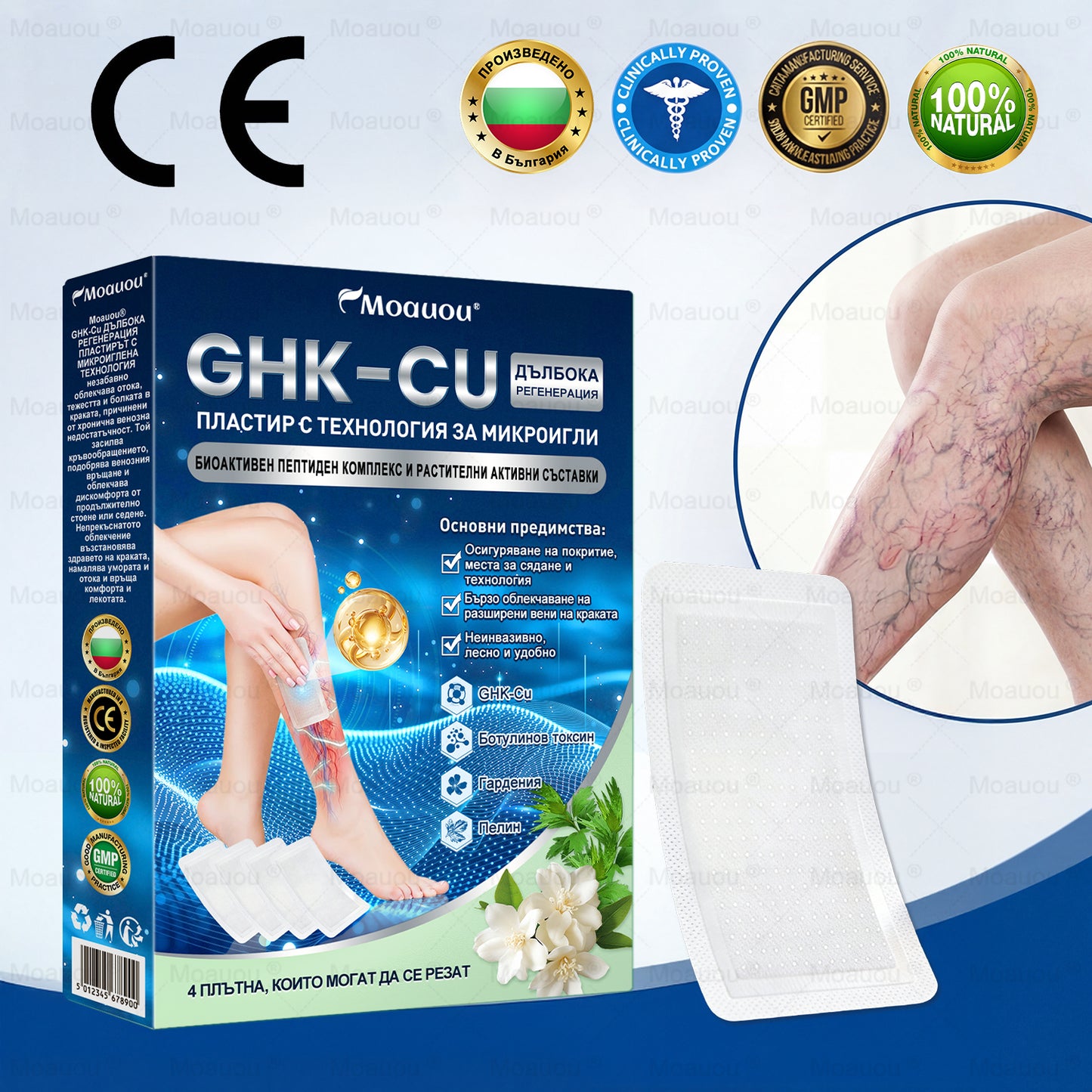 🧬✅Moauou® GHK-Cu Микроиглен регенериращ пластир –  по-малко подуване, по-леки крака и по-малко видими вени още в рамките на 7–14 дни⚡